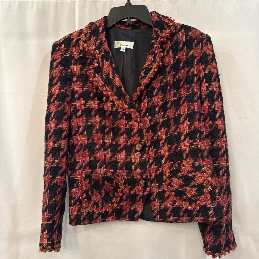 Houndstooth Tweed Red Black Double Breasted Sweater Blazer Cardigan
